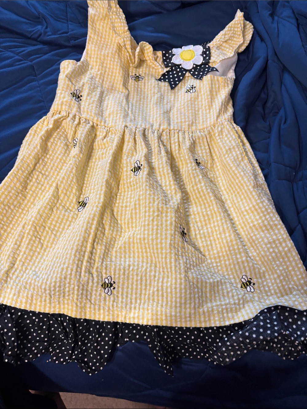Yellow Bee Print Girls' Summer Dress with Polka Dot Trim